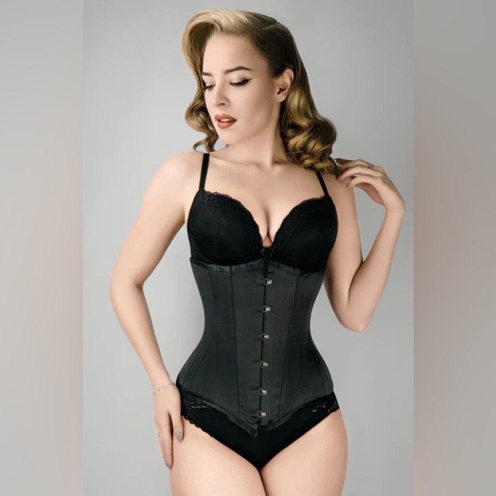 NWT Black Satin CORSET STORY Lace Up Waist Training Underbust Top Size 28